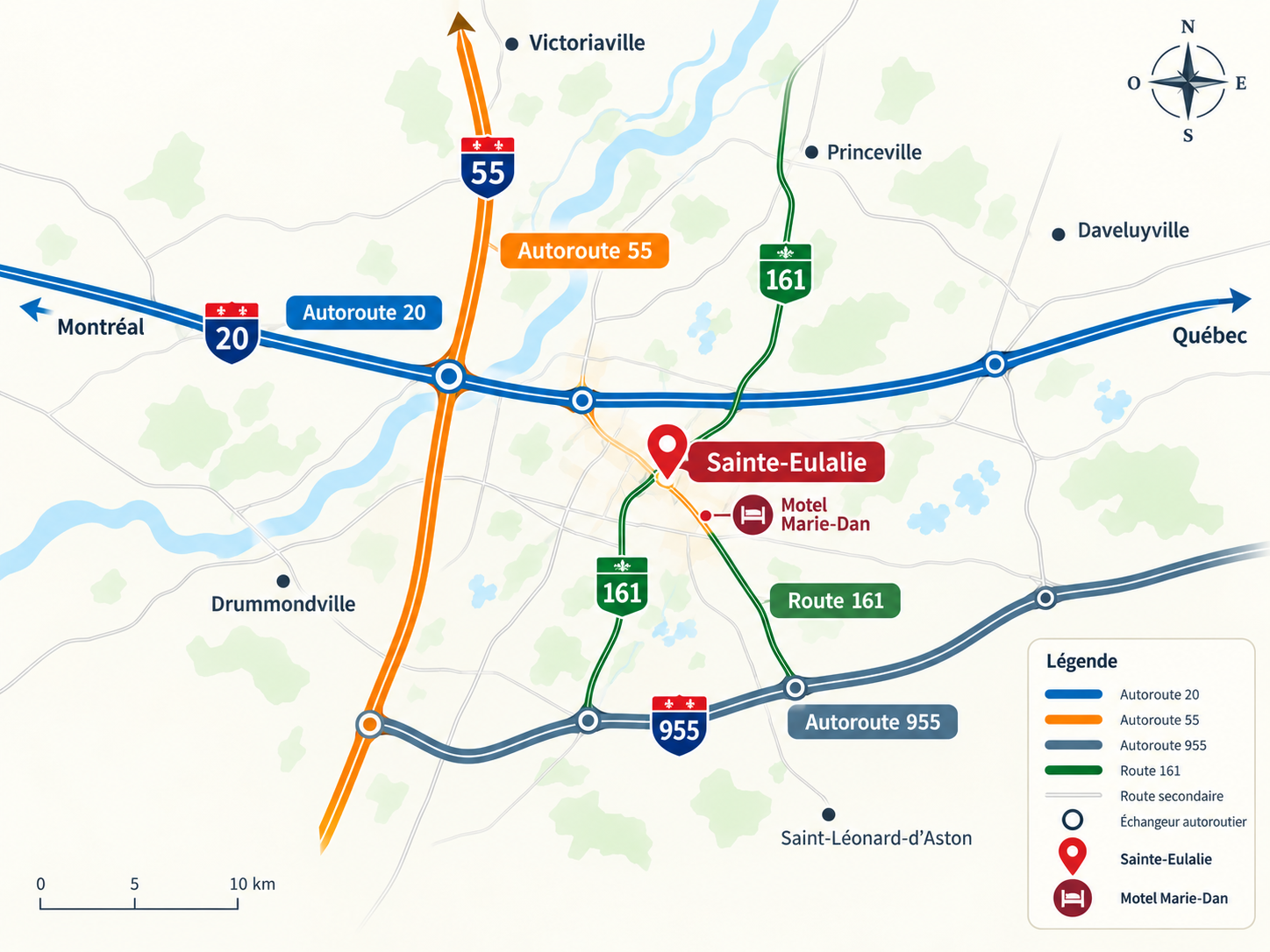 Carte schématique de Sainte-Eulalie et des autoroutes 20, 55, 955 et de la route 161, avec les villes voisines